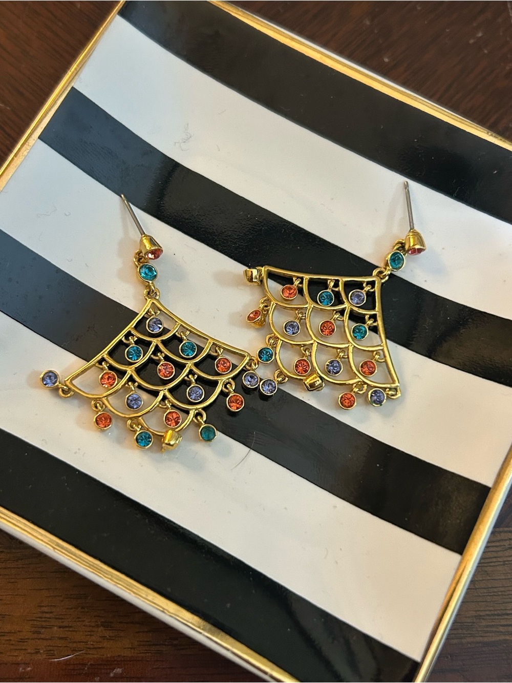 Gold Rainbow Crystal Fan Chandelier Earrings – Multicolor Statement Dangles